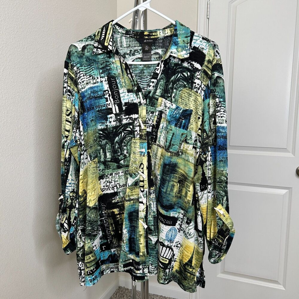 Ali Miles Paris Tunic Blouse Abstract Art to Wear Roll Tab Sleeve Artsy 1X